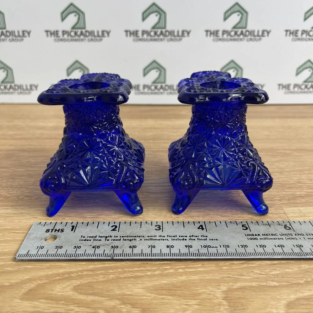 Vintage Cobalt Blue Daisy and Button Glass Candle Holder Pair Finger Loop 3in